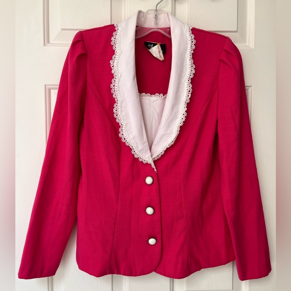 Vintage 80s 90s Hot Pink Blazer with Lace Collar - Picture 2 of 15